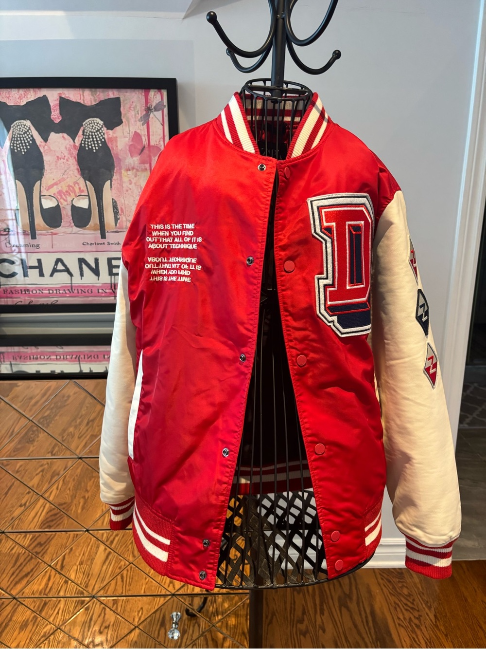 Zara Red and Cream Varsity Bomber Jacket with Letter Patch